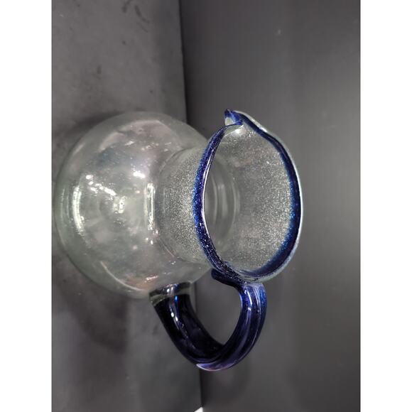Mexican Hand Blown Glass Pitcher, Cobalt Blue Rim, 160 Oz Bubble Pitcher‎ - Picture 5 of 10